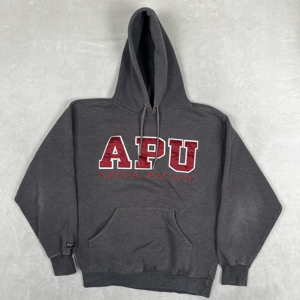 Vintage APU Azusa Pacific Hoodie Size M Gray Fleece Pullover Sweatshirt JanSport